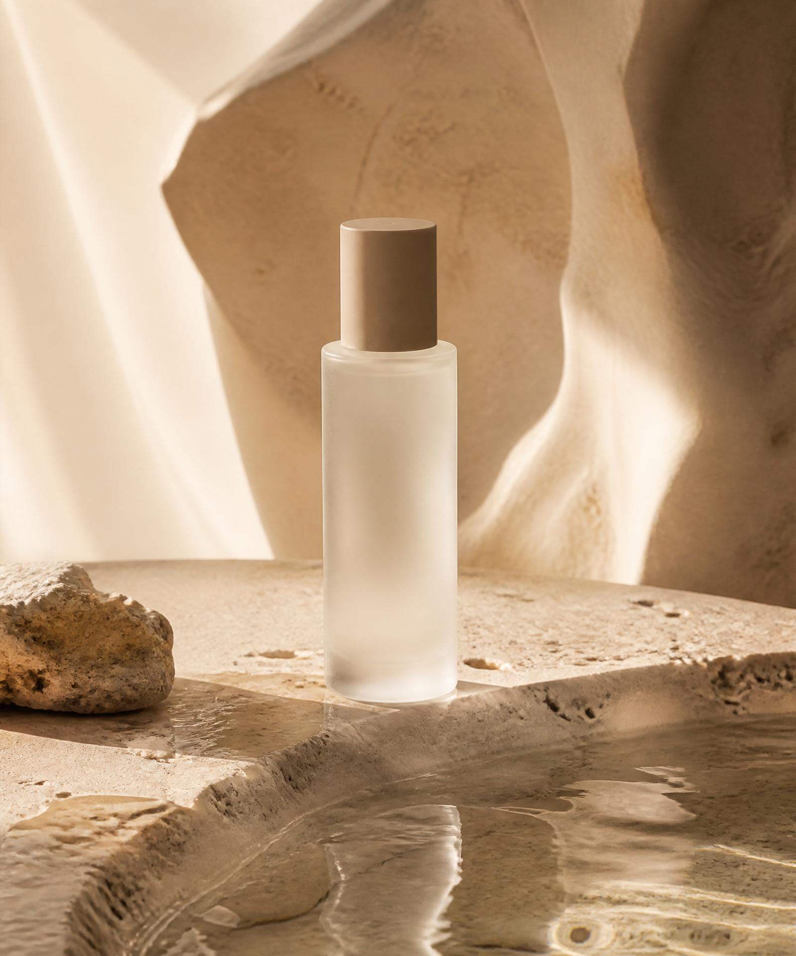 A frosted glass essence bottle resting on warm travertine, catching soft morning light.