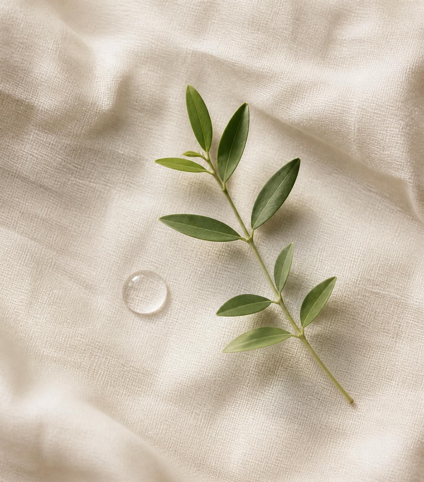 A single sprig of green botanical and a clear droplet on ivory linen.