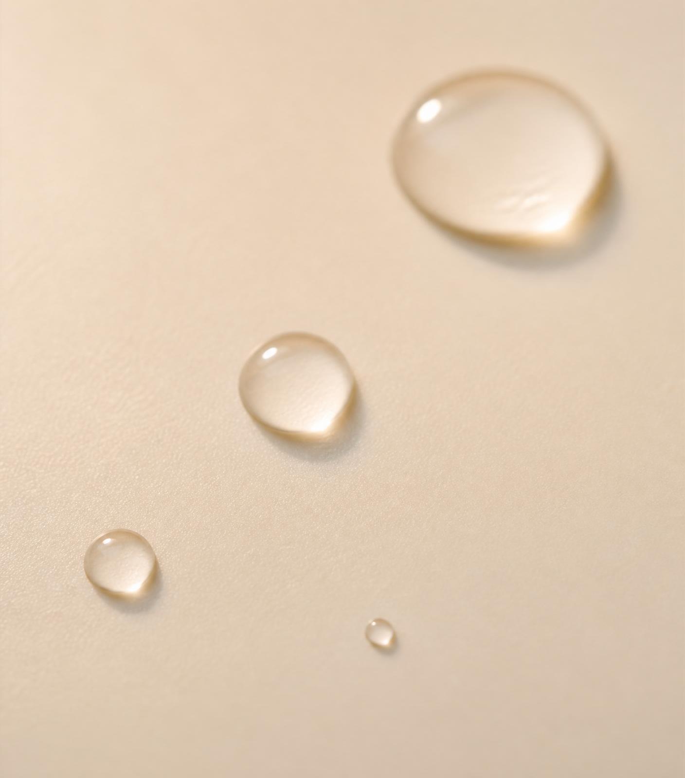 Water beading on a warm ivory surface, catching soft light.