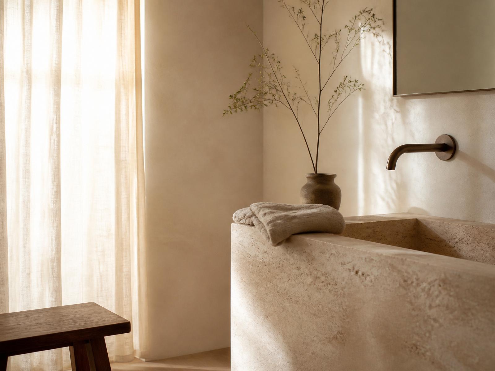 A serene morning bathroom, warm light, natural stone, a single branch.